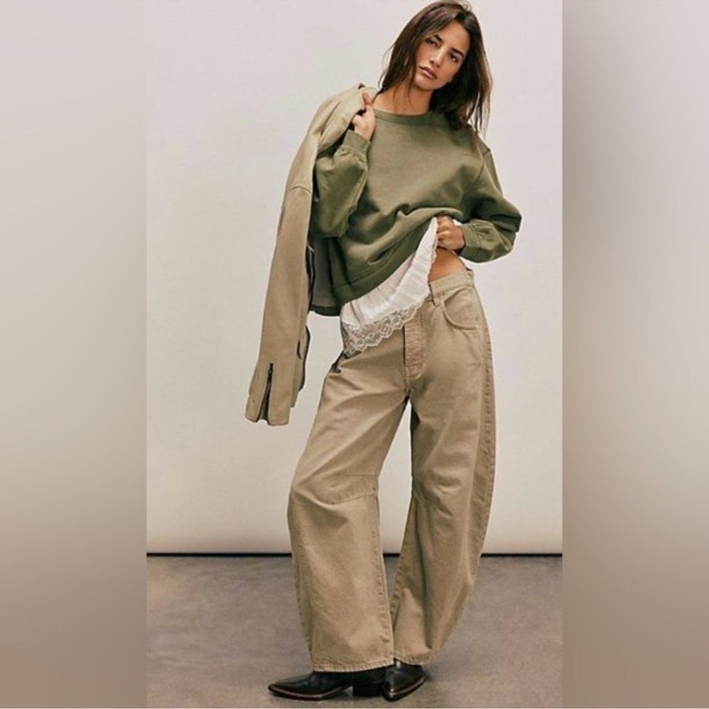 30 LONG  Free People We The Free Good Luck Mid-rise Barrel Jeans Khaki Taupe